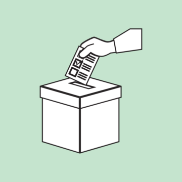 Vihreällä pohjalla kuvitus, jossa käsi tiputtaa äänestyslipun uurnaan.